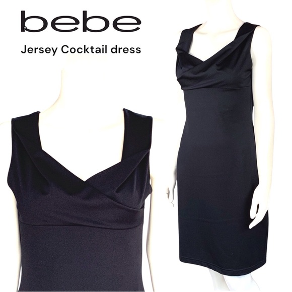 _ Bebe NEW draped neckline black jersey vintage midi sheath/ slip dress - size 4 - Picture 1 of 10
